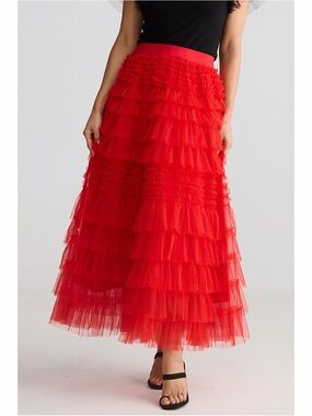 NWOT AMAZON Red Tiered Tulle Lined Maxi Skirt for Women - XL